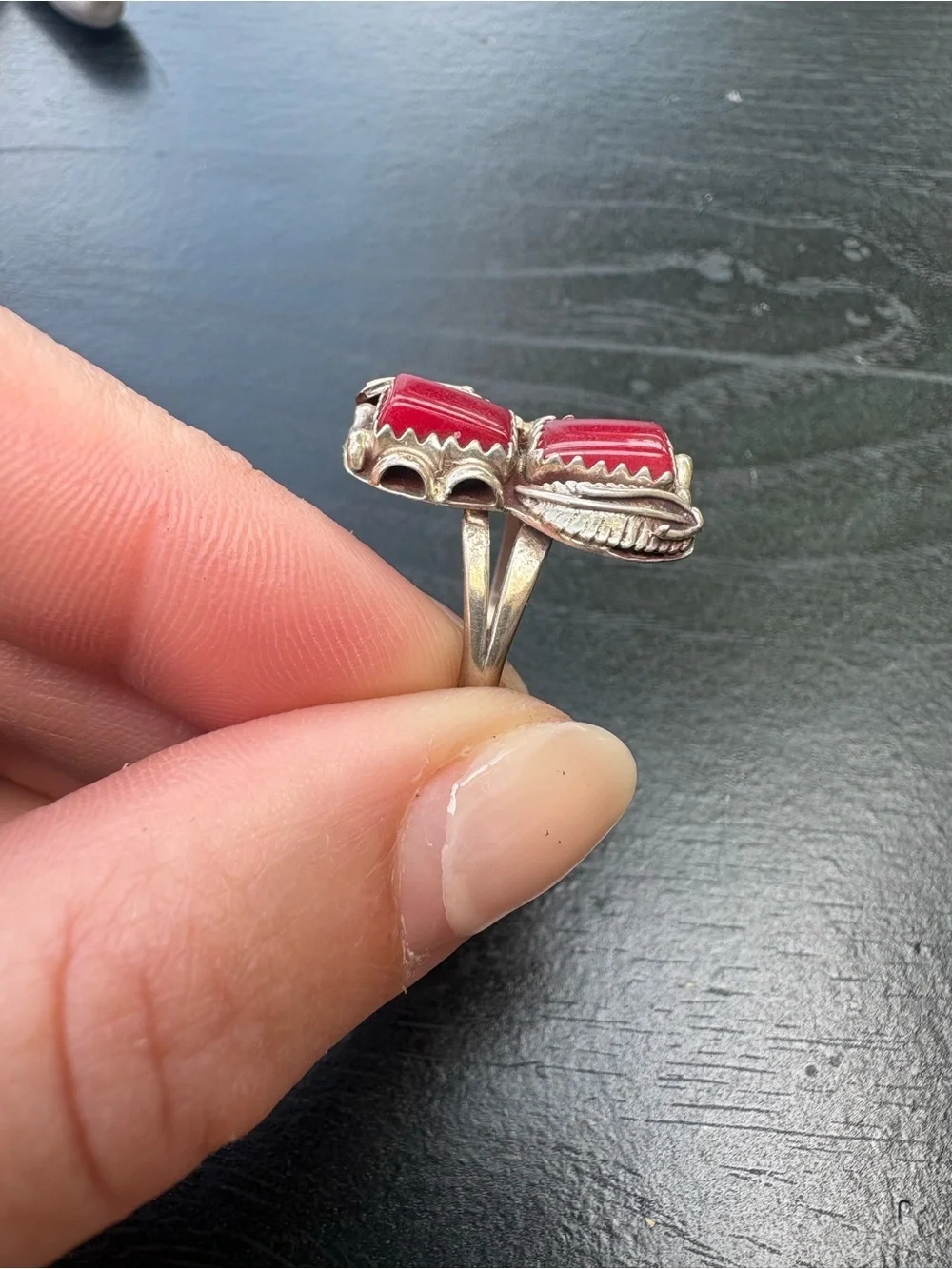 Southwest Style Ring with Red Stones and Feather Accents - Size 7.25